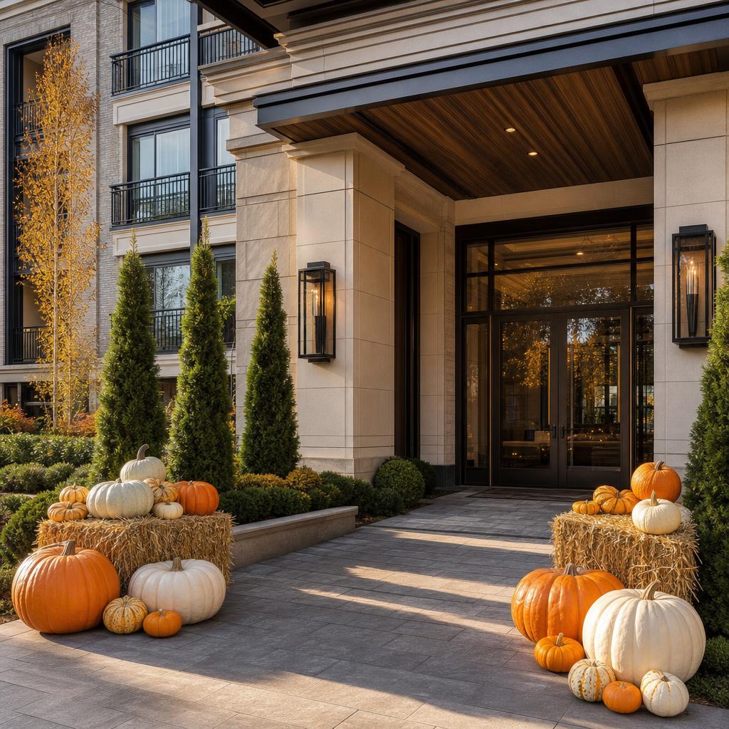 Luxury apartment community entrance with a professionally designed fall pumpkin display