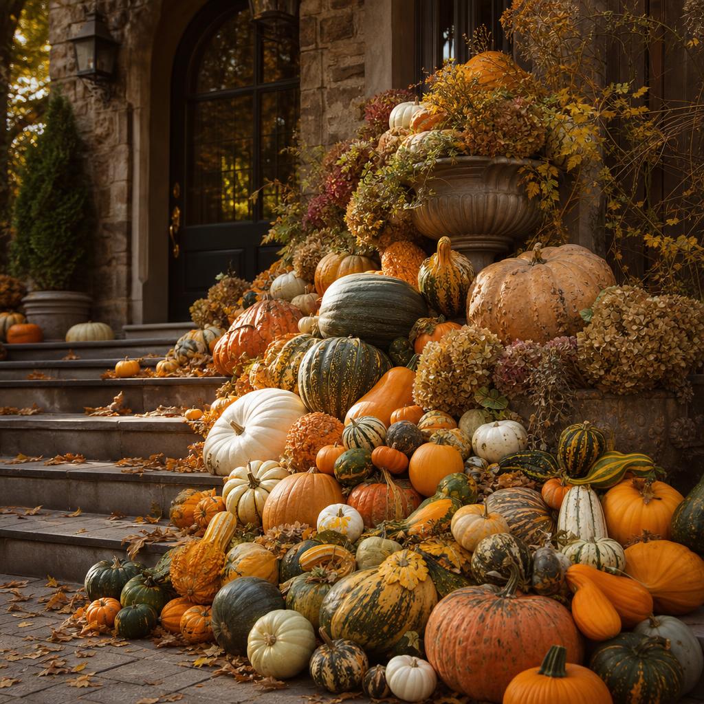 Hand-styled fall porch layered with pumpkins and gourds