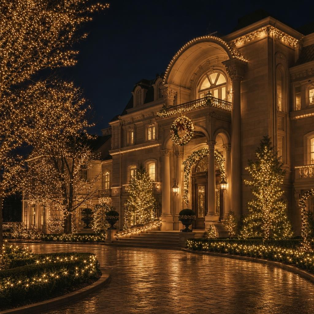 Estate home with a warm-white Christmas light installation