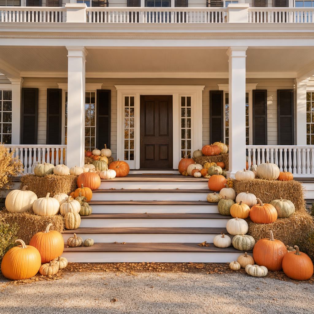 Luxury home front entrance with an elegant autumn pumpkin display in warm daylight