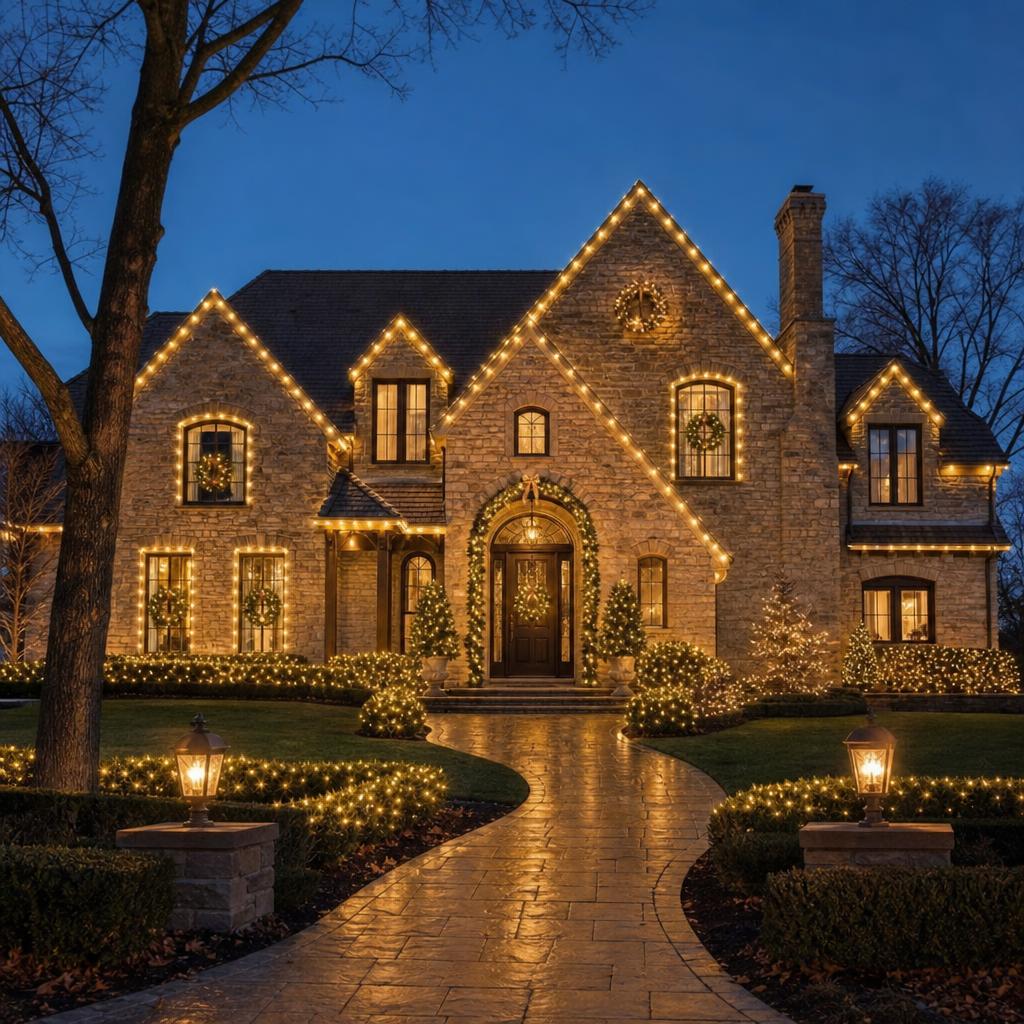 Home roofline outlined with warm-white Christmas lights