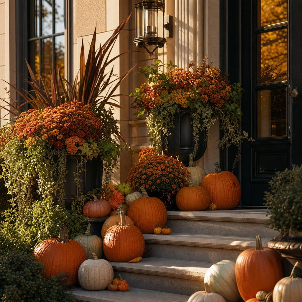 Front porch styled with a designer pumpkin arrangement
